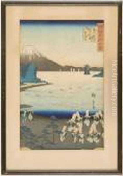 Depicting Dancing Figures With Comic Masks Oil Painting by Utagawa or Ando Hiroshige