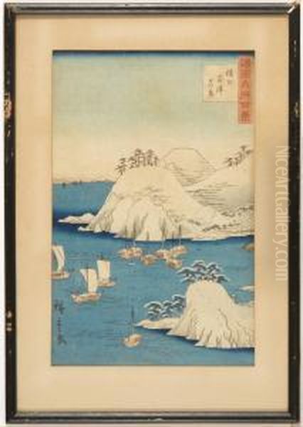 Depicting Boats In A Harbor After Heavy Snow Oil Painting by Utagawa or Ando Hiroshige