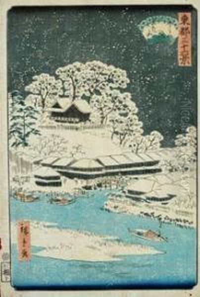 Shigenobu Imado Bridge And Matsuchi Hill Oil Painting by Utagawa or Ando Hiroshige