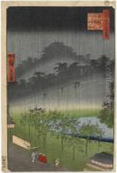 Akasaka Kiribatake, Uchu Yukei. 
Plantation Des Paulownias, Sous La Pluie Au Crepuscule A Akasaka Oil Painting by Chimpei Ii Hiroshigesuzuki