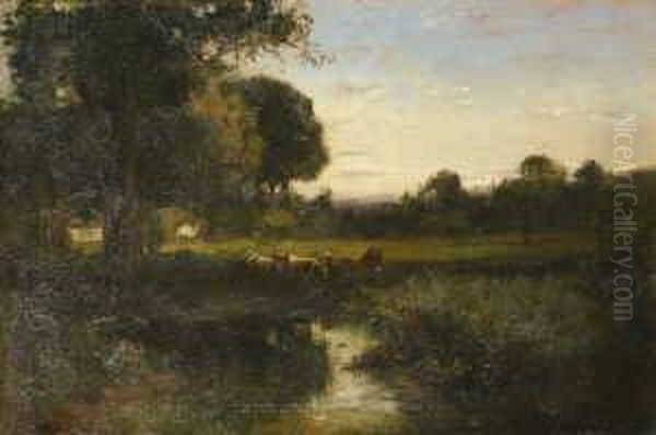 Im Dachauer Moos. Rinder Am 
Wasser. Signiert Unten Links: R. Hirth. Ol Auf Leinwand. H 41; B 61,5 
Cm. Oil Painting by Rudolf Hirth Du Frenes