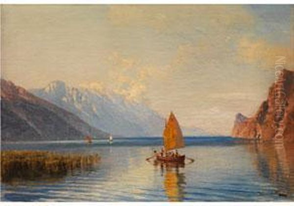 Der Gardasee Zwischen Riva Und Torbole Am Morgen Oil Painting by Anton Hlavacek