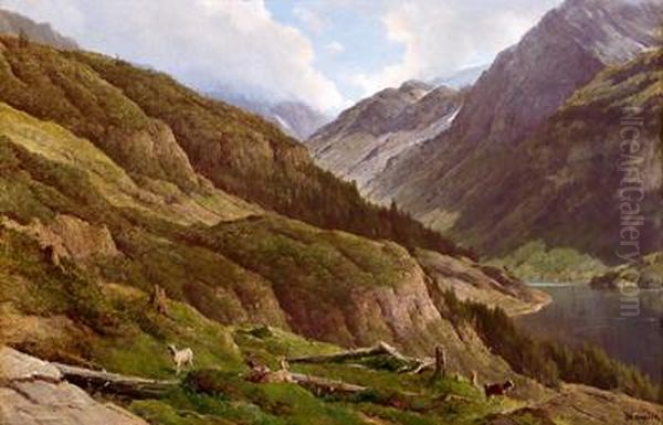 Paesaggio Montano Con Capre Sul Pascolo Oil Painting by Anton Hlavacek