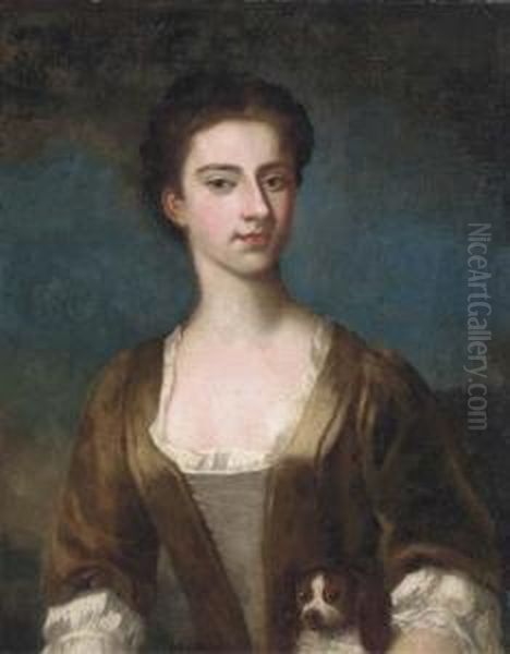 Portrait Of Elizabeth Warburton, Bust-length, In A Brown Dress With Lace Trim Oil Painting by William Hoare Of Bath