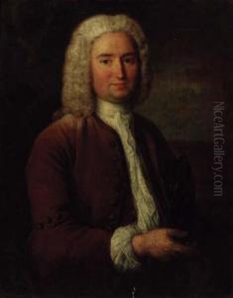 Portrait Of A Gentleman, 
Three-quarter-length, In A Brown Coat Andwaistcoat, A Tricorn Under His 
Left Arm, In A Landscape Oil Painting by William Hoare Of Bath