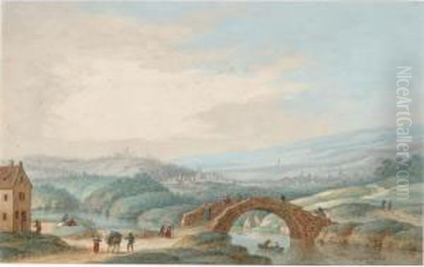 A) A River Landscape With A 
Rowing Boat And Fishermen In The Foreground; B) An Extensive Hilly 
Landscape With A Bridge Over A River Oil Painting by Johann Jakob Hoch
