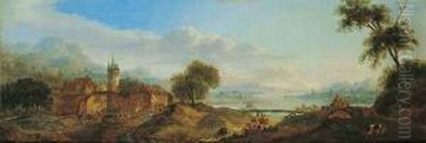 Rheinlandschaft Mit Einem Dorf, Hirten Und Ziegenherde. Oil Painting by Franz Hochecker