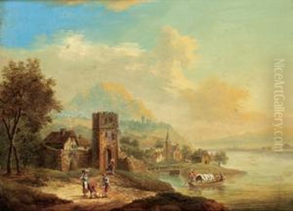 Paesaggio Fluviale Con Figure E Persone Passaggio Di Barche Oil Painting by Franz Hochecker