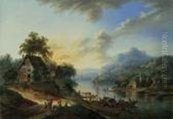 Flusslandschaft. Ol Auf Leinwand
 (doubliert). H 36; B 51 Cm. Hochecker War Der Schwager Des Malers 
Christian Georg Schutz D.a. Und Orientierte Sich In Seiner Malerei An 
Dessen Werken. Oil Painting by Franz Hochecker