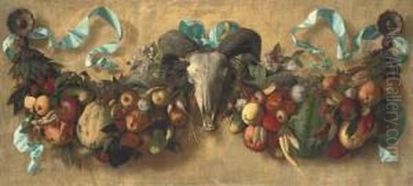 Swathes Of Fruit And Vegetables,
 Punctuated With Ribbons, A Ram'sskull And Carved Roundels Oil Painting by Daniel Hock