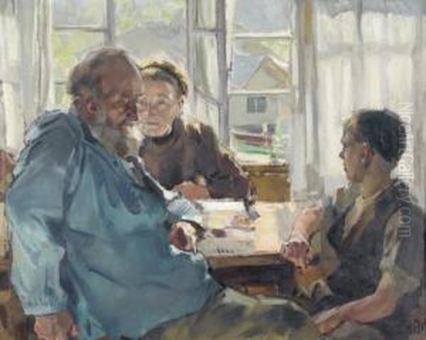 Stubeninterieur Mit Grosseltern Und Enkel. Oil Painting by Ernst I Hodel