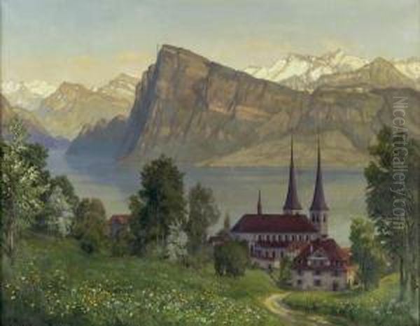 Blick Vom Wesemlin Auf Die Hofkirche Und Den Burgenstock Oil Painting by Ernst I Hodel