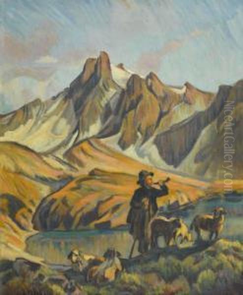 Alphirte Mit Schafen Bei Einem Bergsee Oil Painting by Ernst I Hodel