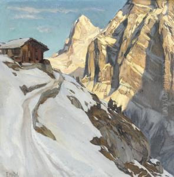 Sonnige Hochgebirgspartie Mit Chalet Im Winter Oil Painting by Ernst I Hodel
