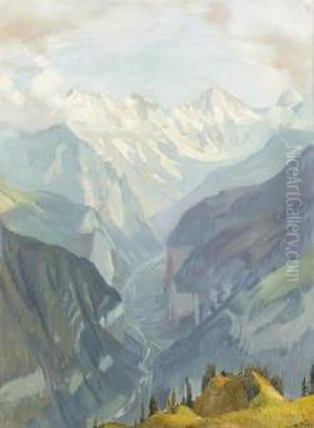 Lauterbrunnental Mit Dem Breithorn Im Sommer. Oil Painting by Ernst I Hodel