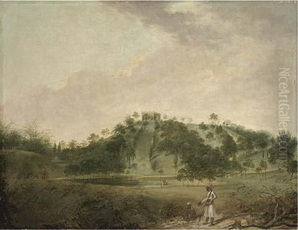 View Of Pirpahari At Monghyr 
With Figures In The Foreground, And Anelephant Procession Beyond Oil Painting by William Hodges