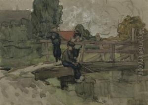 Boys Fishing On A Bridge Oil Painting by Frances Mary Hodgkins