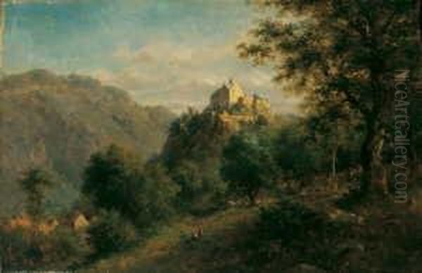 Mittelgebirgslandschaft Mit 
Hochgelegener Burg. Signiert Unten Rechts: A. Hoffler. Ol Auf Leinwand. H
 30,5; B 46,5 Cm. Provenienz: Galerie F.a.c. Prestel, Frankfurt/main. 
Auf Dem Keilrahmen Ein Klebezettel Mit Handschriftlicher Notiz: 
Landschaft A Oil Painting by Adolf Joh. Hoeffler