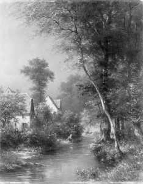Bewaldete Landschaft Mit 
Bauernhausern Und Einer Wascherin Am Fluss (hessische Landschaft). 
Signiert Unten Rechts: Ja. Hoffler. Ol Auf Holz. H 43; B 34,3 Cm. 
Provenienz: Galerie F.a.c. Prestel, Frankfurt/main. Oil Painting by Adolf Joh. Hoeffler
