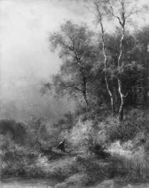 Waldstuck Mit Reisigsammlerin. 
Signiert Und Datiert Unten Rechts: Hoeffler 1885. Ol Auf Karton. H 34; B
 27 Cm. Provenienz: Galerie F.a.c. Prestel, Frankfurt/main. Oil Painting by Adolf Joh. Hoeffler
