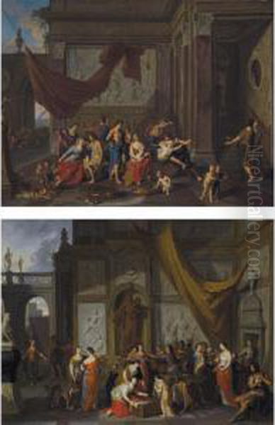 Achilles And The Daughters Of 
Lycomedes; A Classical Scene With Figures 
Feasting Oil Painting by Gerard Hoet