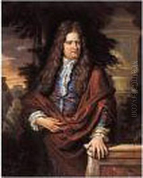 Portrait Of A Gentleman In A 
Blue Coat And A Maroon Cloak, His Hand Upon A Marble Balustrade Oil Painting by Gerard Hoet
