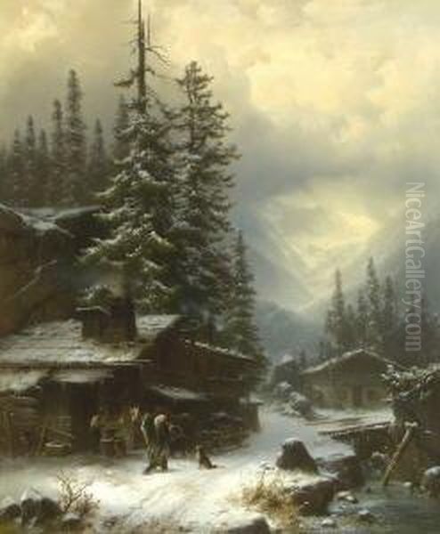 Hufschmiede In Winterlicher
 Gebirgslandschaft. Oil Painting by Heinrich Hofer
