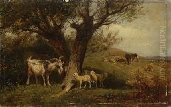 Ziege Und Lammer Unter
 Baumen Oil Painting by Johann Baptist Hofner