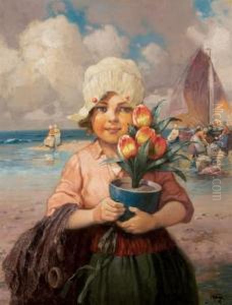 Hoger Austrian, - Dutch Flowergirl Oil Painting by Rudolf Alfred Hoger