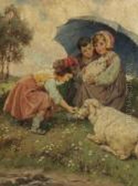 Kinder Mit Schafen Auf Der
 Sommerwiese. Oil Painting by Rudolf Alfred Hoger