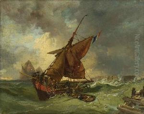 Segelschiffe An Sturmischer
 Kuste. Oil Painting by Charles Hoguet