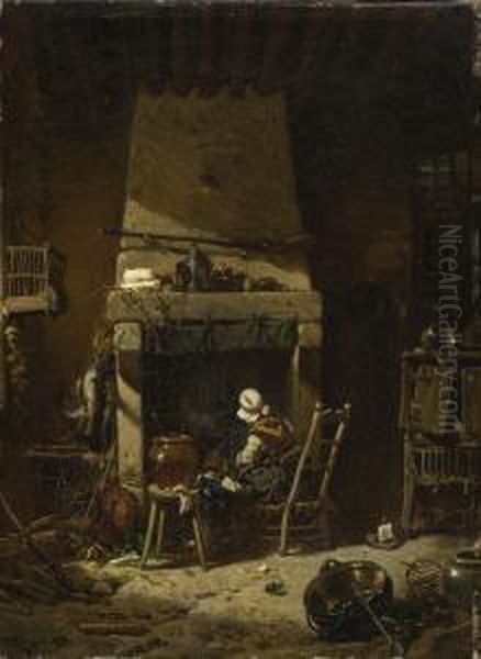 Bauerin Mit Kleinem Kind In Der
 Kuche. Oil Painting by Charles Hoguet