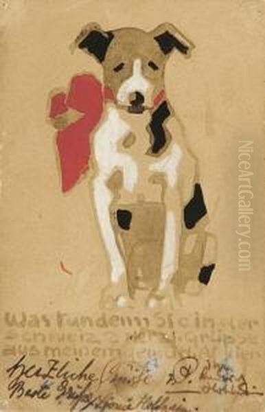 Hund Mit Roter Schleife.
 (postkarte) Oil Painting by Ludwig Hohlwein