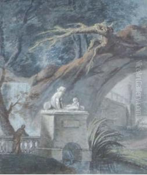 A Figure In An Elegant Garden; Also A Drawing By Another Hand Oil Painting by Claude Jean Baptiste Hoin