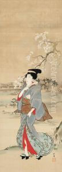 Beauty Under Cherry Blossoms By The Sumida River
Signed Hokuba, Sealed Hokuba Oil Painting by Teisai Hokuba