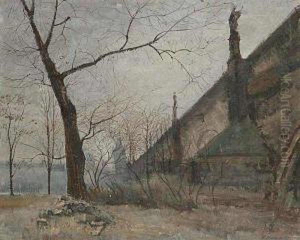 Trees By Charles Bridge Oil Painting by Karel Holan