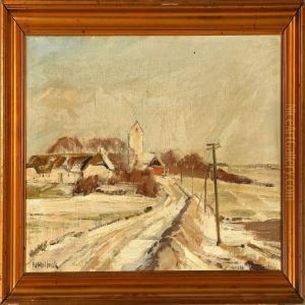 Winter Landscape Near Avillage Oil Painting by Niels Holbak