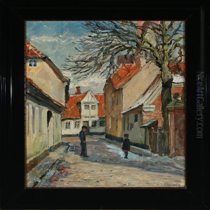 City Scenery With Two Children In The Street Oil Painting by Niels Holbak