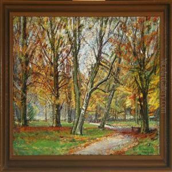 Autumn Forest With A Path Oil Painting by Niels Holbak