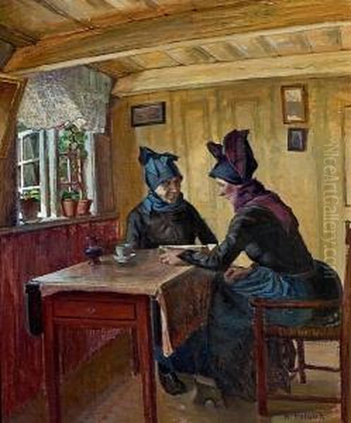 Interior With Two Women, Fano. Signed N. Holbak Oil Painting by Niels Holbak