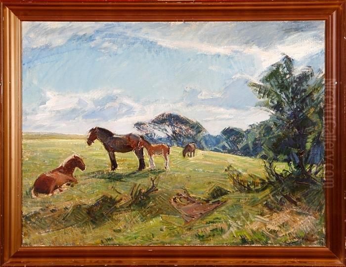 Horses On The Fields Oil Painting by Niels Holbak