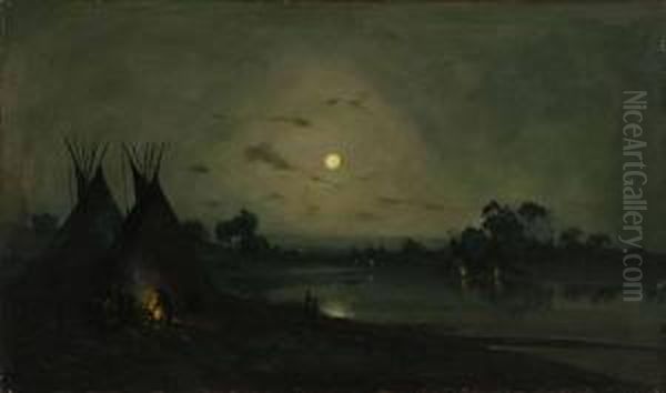 Indian Encampment In The Moonlight Oil Painting by Ramsome Gillet Holdredge
