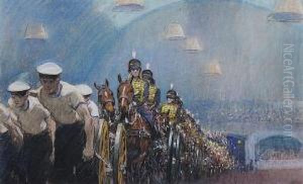 The Royal Navy And Royal 
Artillery Gun Teamswith Life Guards At The Royal Tournament, Olympia Oil Painting by Gilbert Holiday