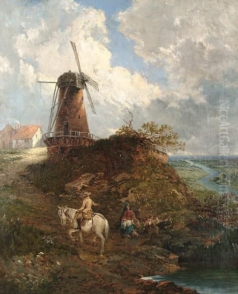 Figures Before A Windmill Oil Painting by John Holland