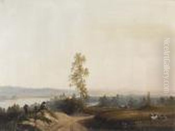 Schafhirte Am Wegesrand In Hugeliger Flusslandschaft. Oil Painting by John Holland