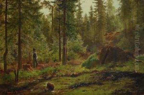 Skogsmotiv Med Man Vid Kolmila Oil Painting by Per Daniel Holm