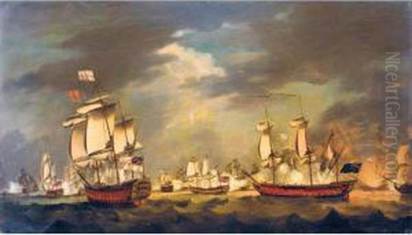A Naval Engagement, Probably The
 Moonlight Battle: The Battle Of Cape St Vincent, 16th January 1780 Oil Painting by Francis Holman