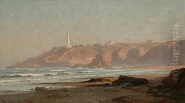 Low Tide, A Lighthouse Beyond Oil Painting by Lauritz B. Holst
