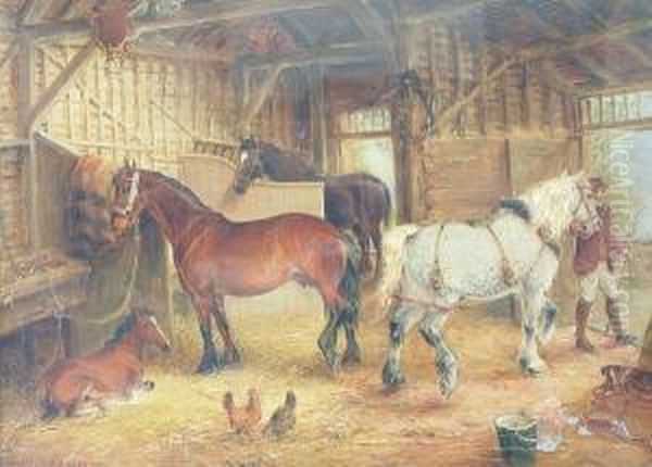 'horses In A Stable Interior' And 'horses In A Barn' Oil Painting by Edwin Frederick Holt