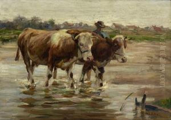 Hirte Mit Rindern In Der
 Furt. Oil Painting by Johann Daniel Holz